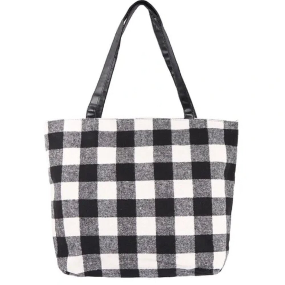 NWT Buffalo White Flannel Leather Plaid Tote Shoulder Travel Shopping Bag Black